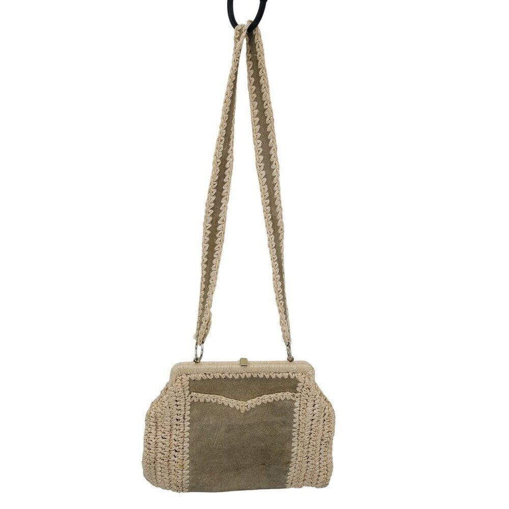 Vintage Handmade Crochet Macrame Straw Suede Shoulder Bag  Purse Tan Boho Hippie